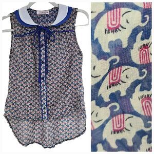 Sheer Blue Elephant Tank Sleeveless High Low Wild Animal Print Shell Blouse Top